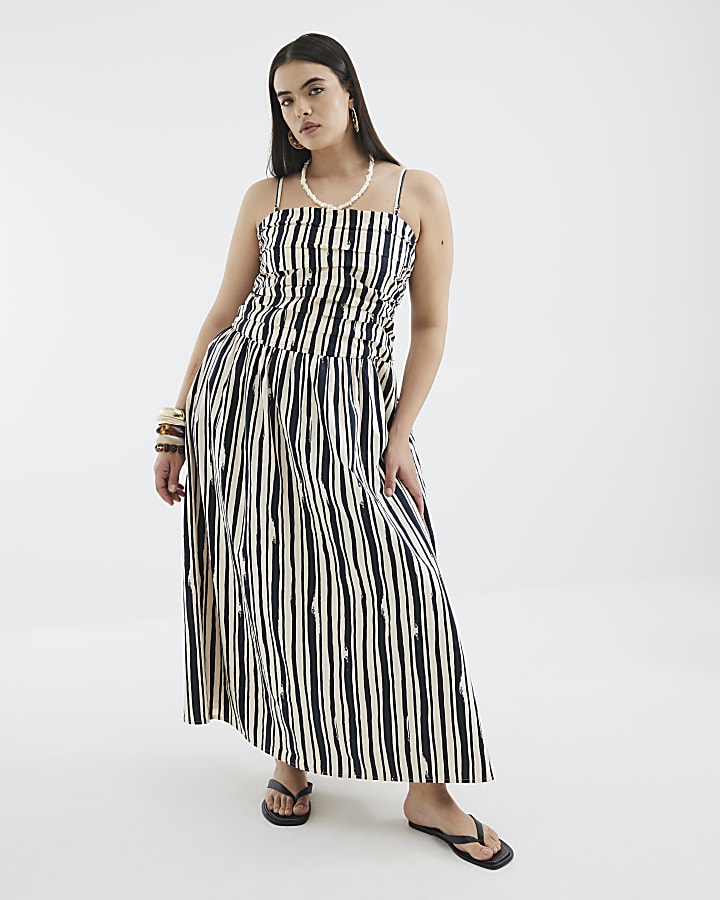 Beige Stripe Pleated Bandeau Midi Dress