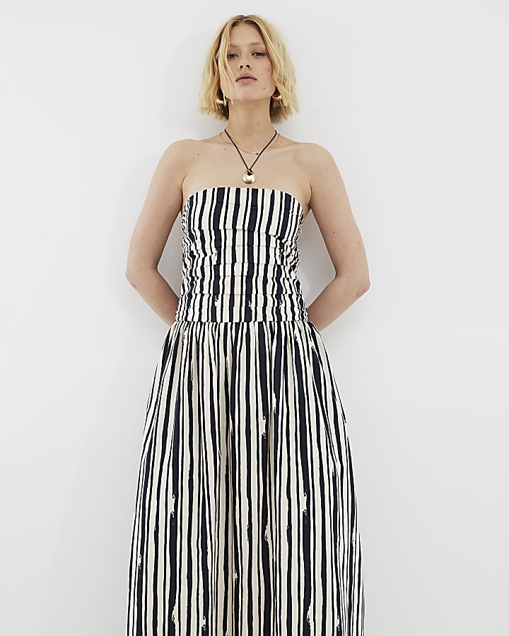 Stone Stripe Pleated Bandeau Midi Dress