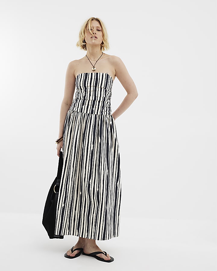 Stone Stripe Pleated Bandeau Midi Dress