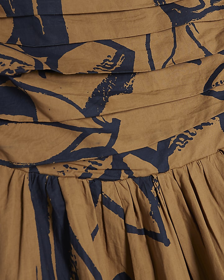 Brown Pleated Bodice Bandeau Midi Dress