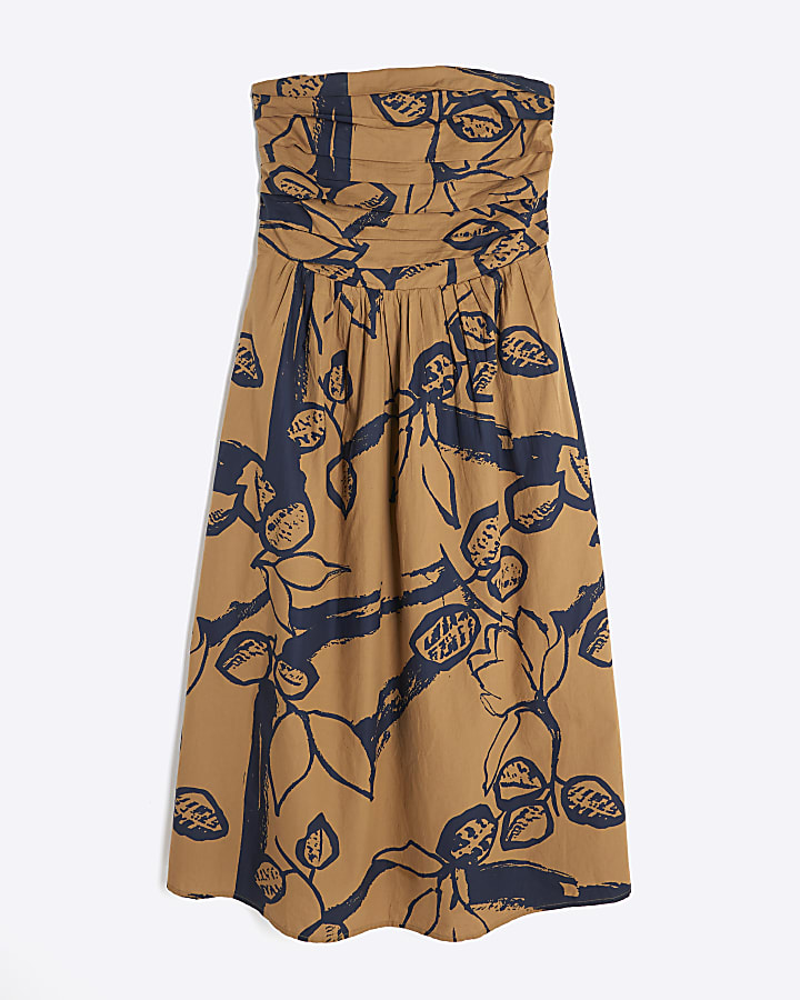 Brown Pleated Bodice Bandeau Midi Dress