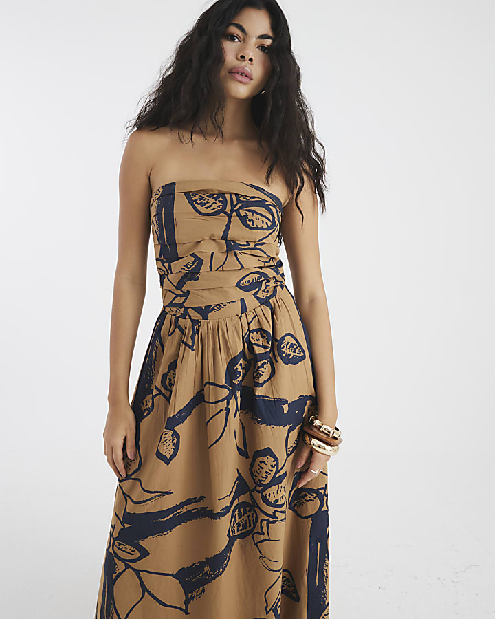 Brown Pleated Bodice Bandeau Midi Dress