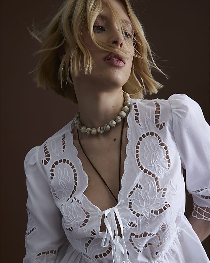 White Long Sleeve Cutwork Blouse