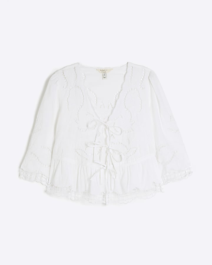 White Long Sleeve Cutwork Blouse