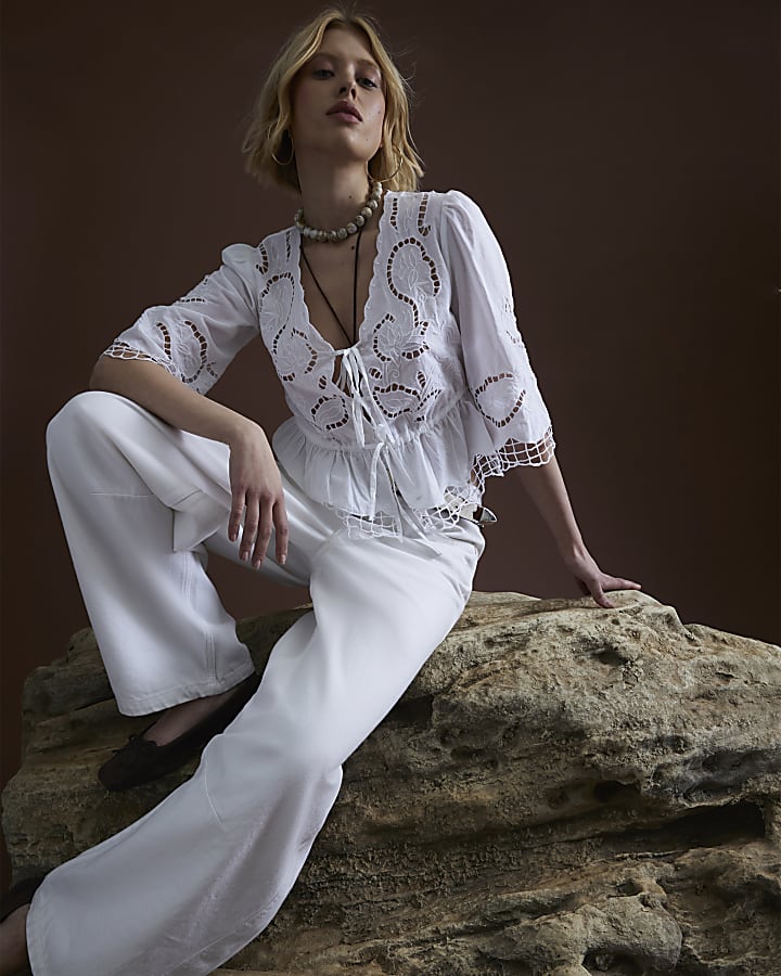 White Long Sleeve Cutwork Blouse