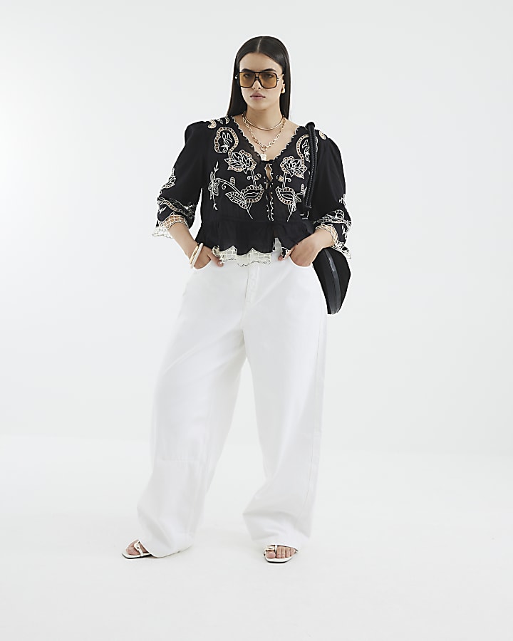 Black Long Sleeve Cutwork Blouse
