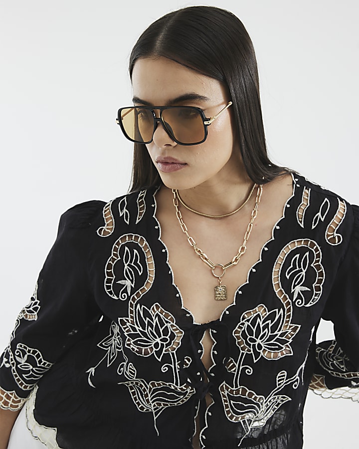 Black Long Sleeve Cutwork Blouse