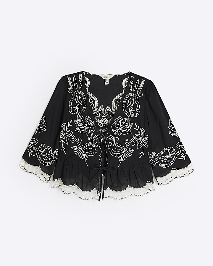 Black Long Sleeve Cutwork Blouse