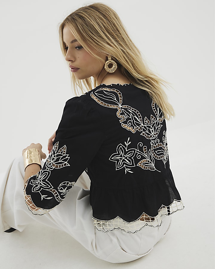 Black Long Sleeve Cutwork Blouse