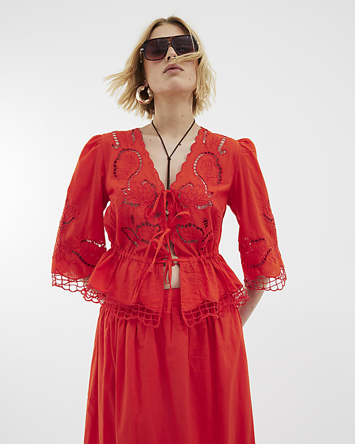 Red Long Sleeve Cutwork Blouse