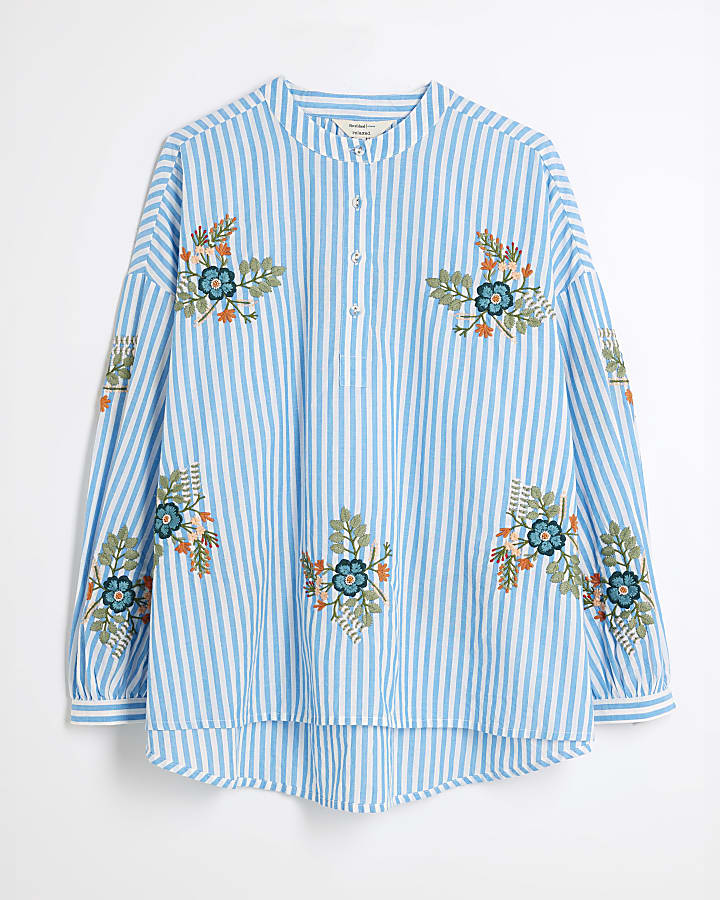 Blue Long Sleeve Floral Stripe Mix Shirt