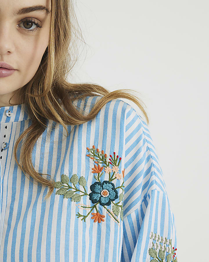 Blue Long Sleeve Floral Stripe Mix Shirt