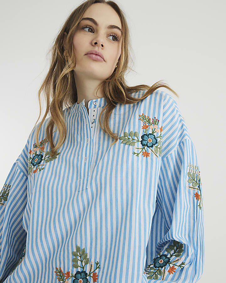 Blue Long Sleeve Floral Stripe Mix Shirt