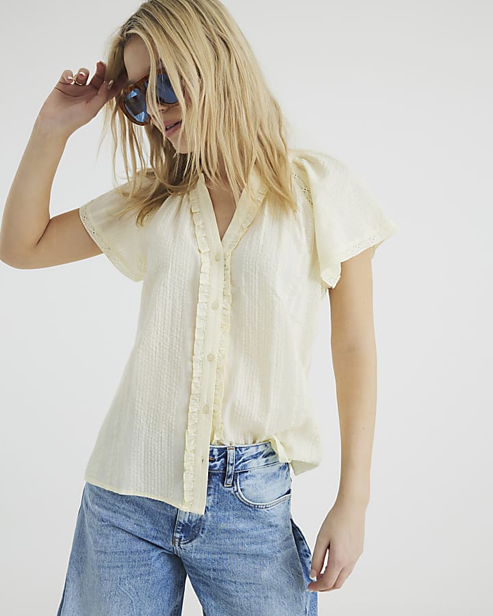 Yellow Short Sleeve Frill V Neck Top