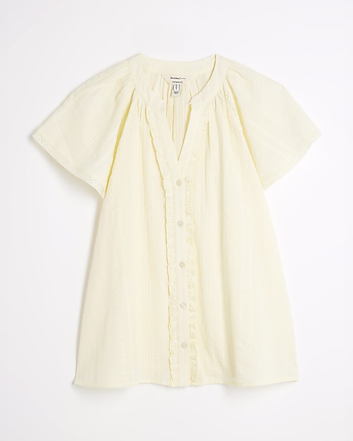 Yellow Short Sleeve Frill V Neck Top