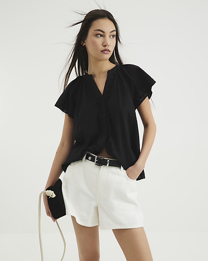 Black Short Sleeve Frill V Neck Top