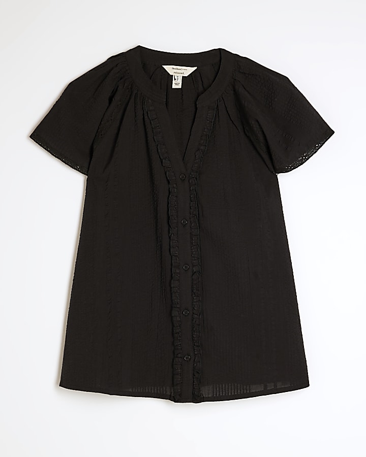 Black Short Sleeve Frill V Neck Top