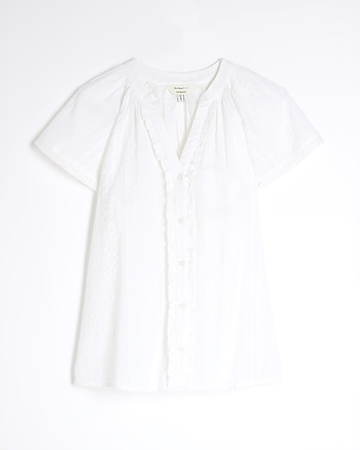 White Short Sleeve Frill V Neck Top