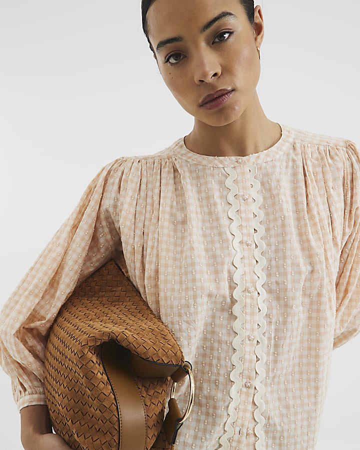 Orange Long Sleeve Gingham Blouse