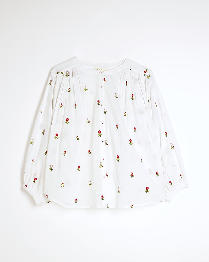 White Long Sleeve Floral Embroidered Blouse