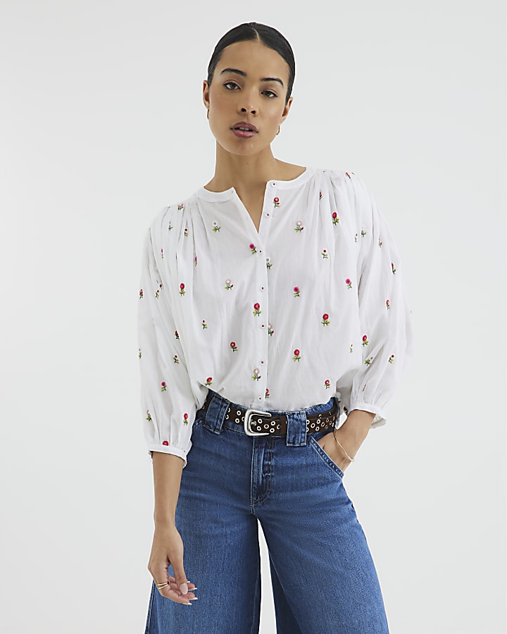 White Long Sleeve Floral Embroidered Blouse