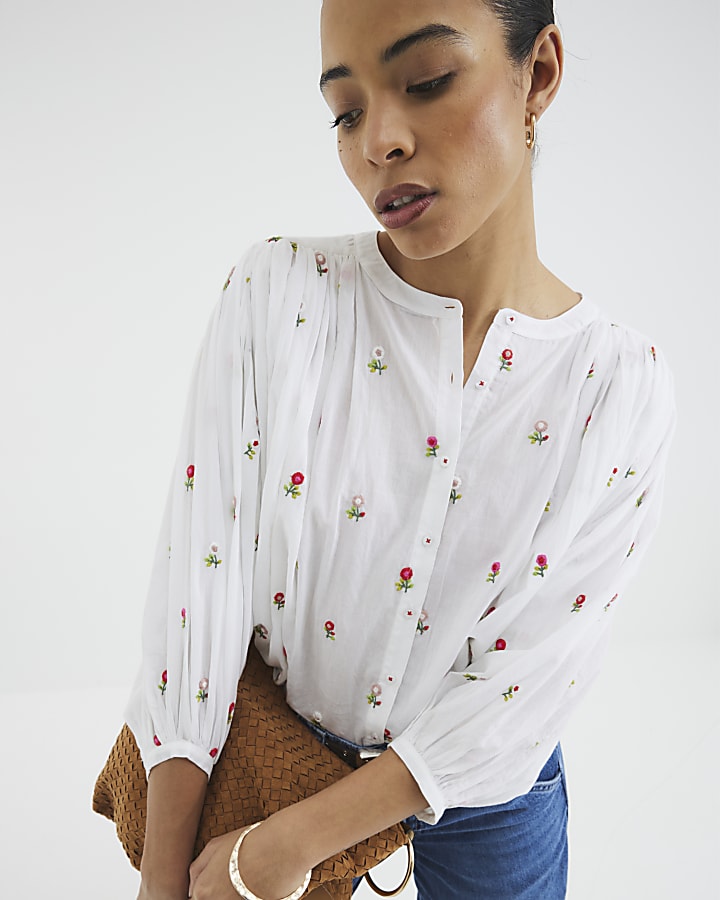 White Long Sleeve Floral Embroidered Blouse