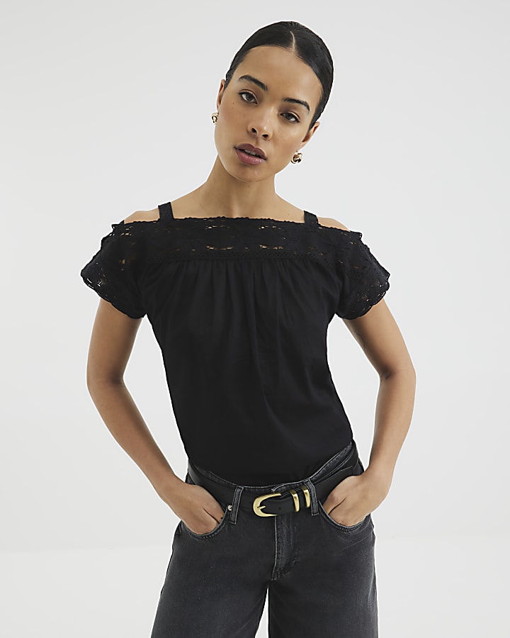 Black Lace Short Sleeve Blouse