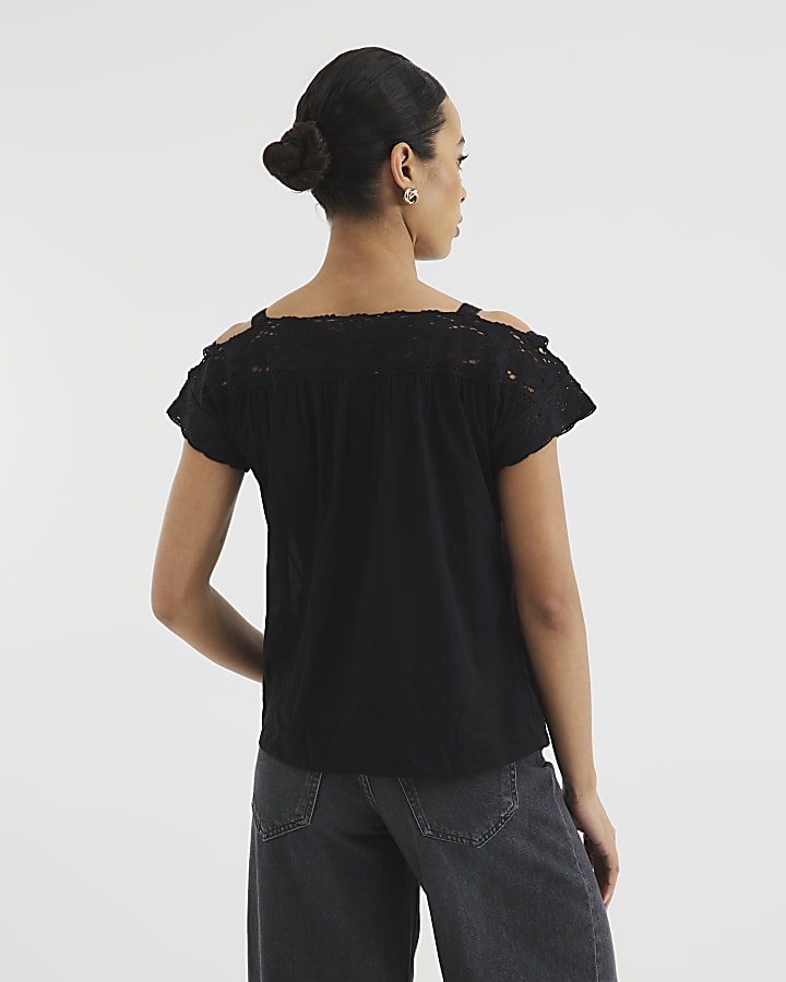 Black Lace Short Sleeve Blouse