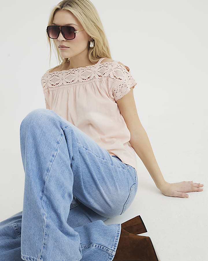 Coral Lace Mix Short Sleeve Blouse