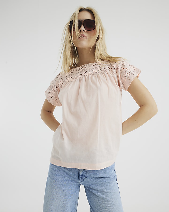 Coral Lace Mix Short Sleeve Blouse