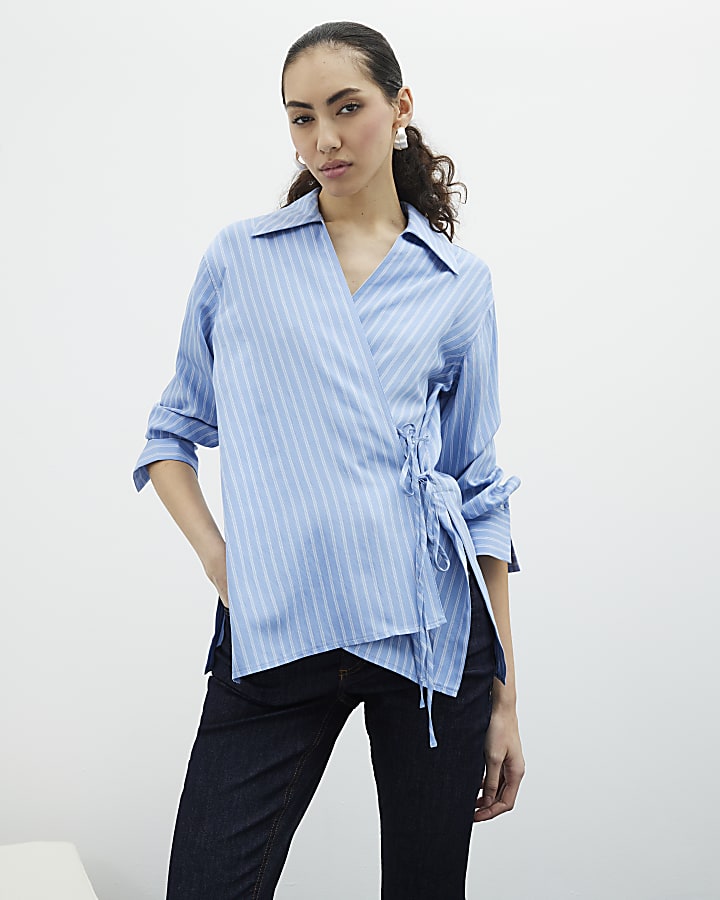 Blue Long Sleeve Stripe Wrap Detail Shirt