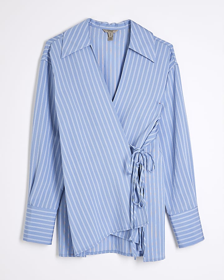 Blue Long Sleeve Stripe Wrap Detail Shirt