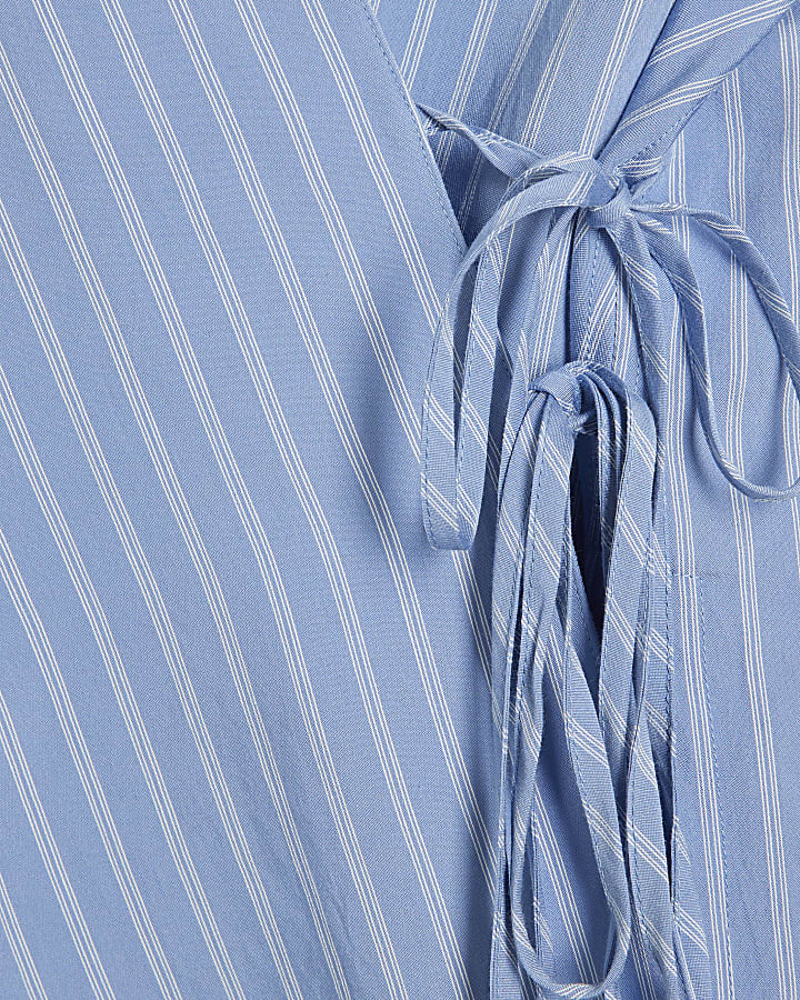 Blue Long Sleeve Stripe Wrap Detail Shirt