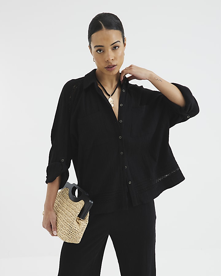 Black Long Sleeve Crinkle Pocket Shirt