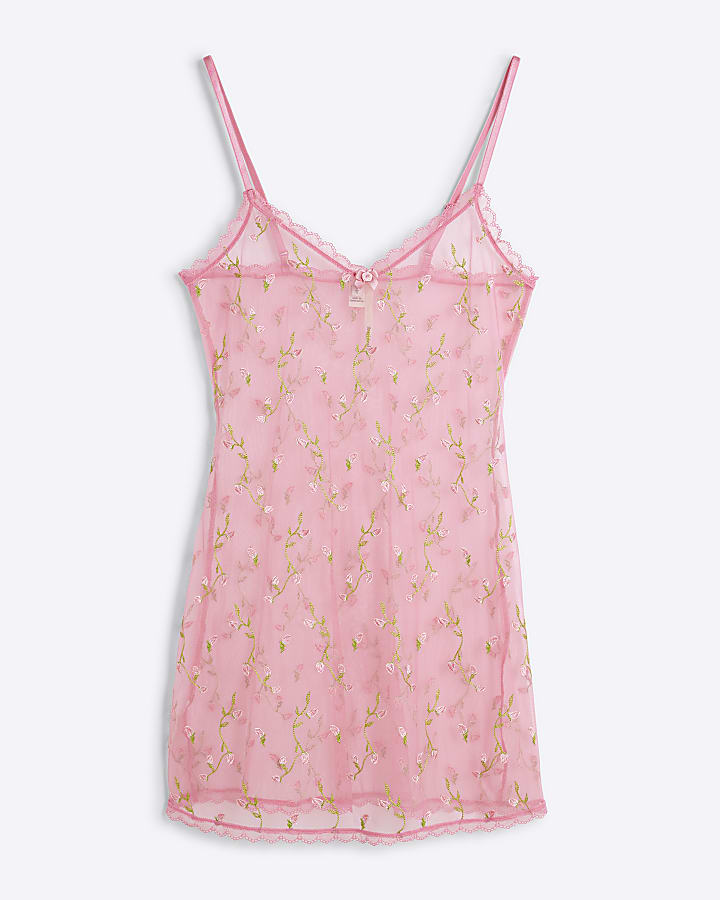 Pink Embroidered Floral Slip Dress