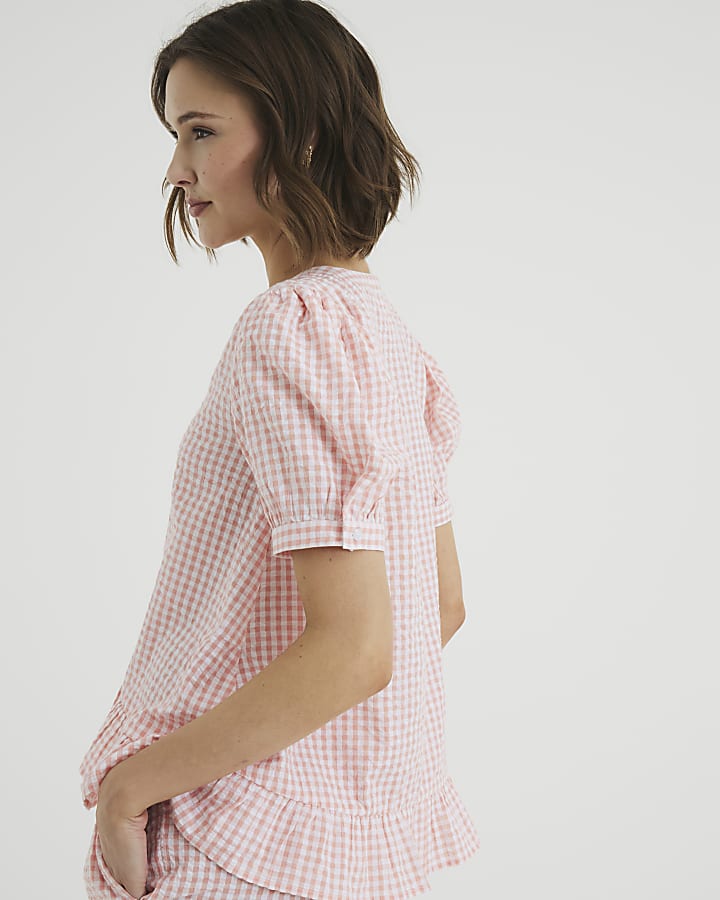 Pink Gingham Top And Trousers Lounge Set