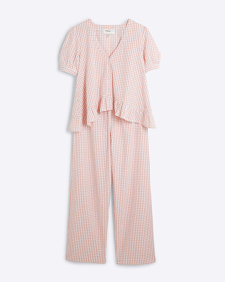 Pink Gingham Top And Trousers Lounge Set