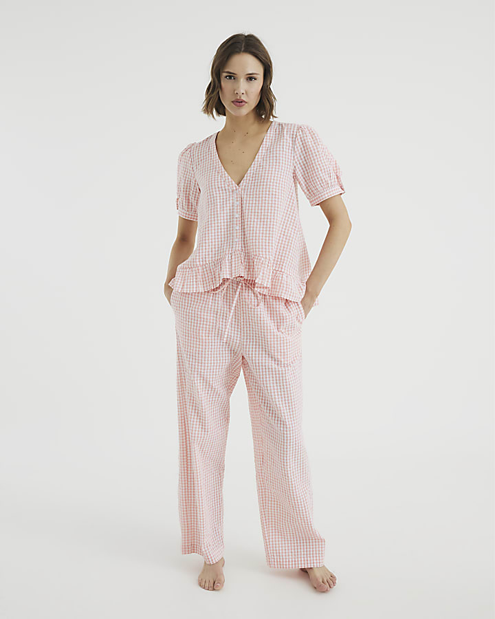 Pink Gingham Top And Trousers Lounge Set