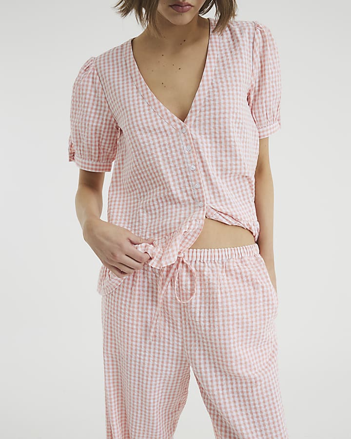 Pink Gingham Top And Trousers Lounge Set