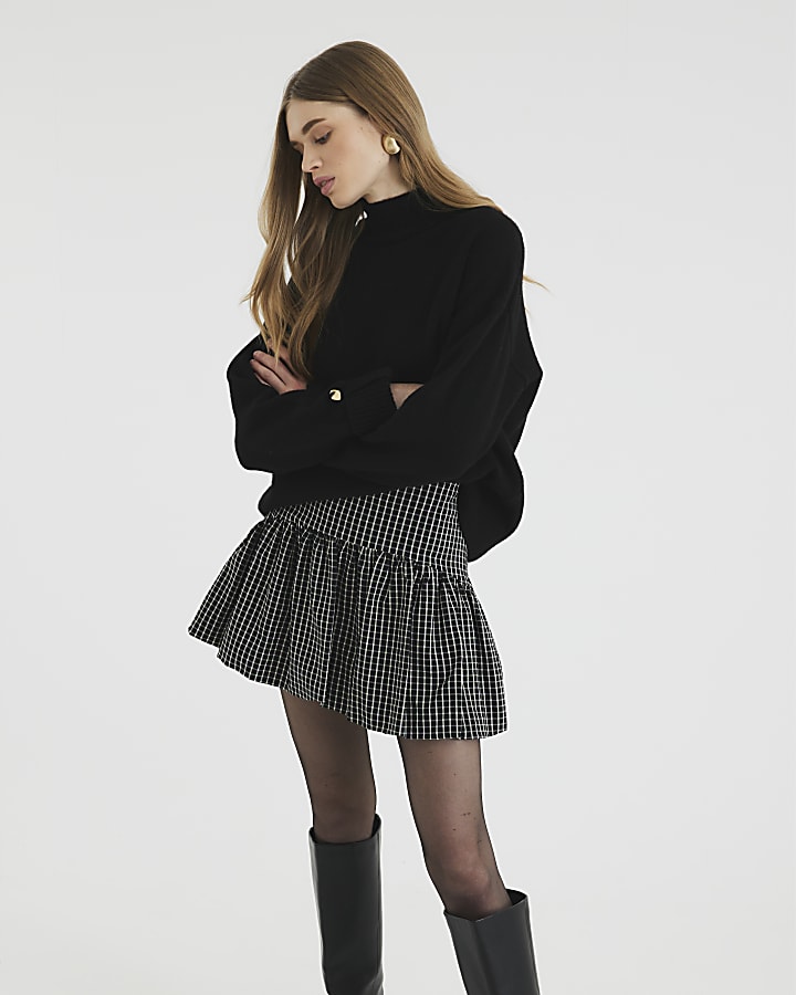 Black Check Bubble Hem Mini Skirt