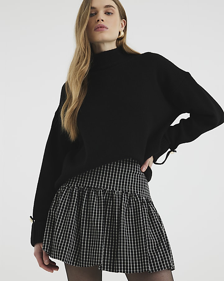 Black Check Bubble Hem Mini Skirt