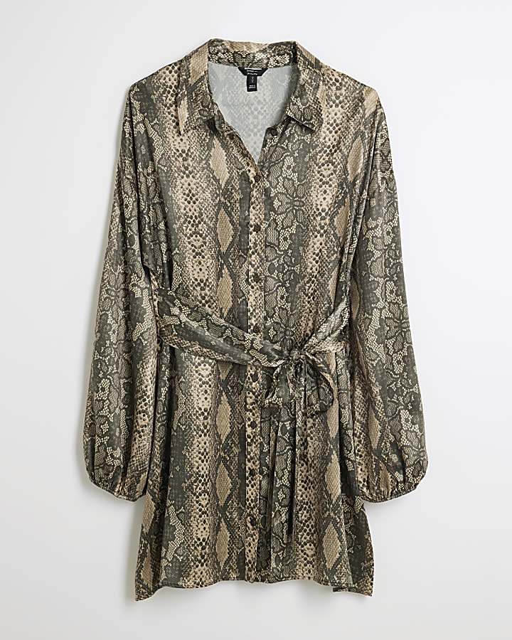 Brown Satin Snake Tie Front Mini Shirt Dress