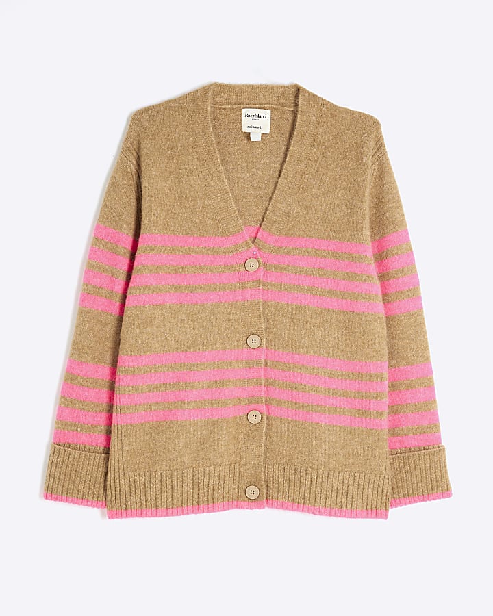 Brown Long Sleeve Stripe Button Cardigan