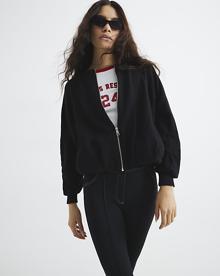 Black Long Sleeve Bubble Hem Bomber Jacket