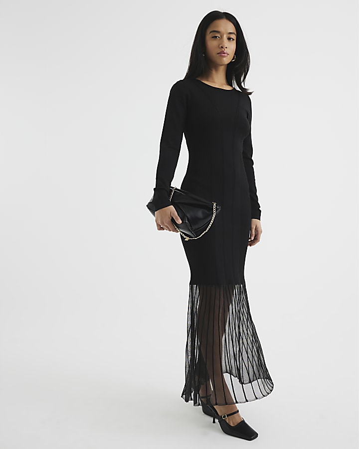 Petite Black Mesh Hem Maxi Dress