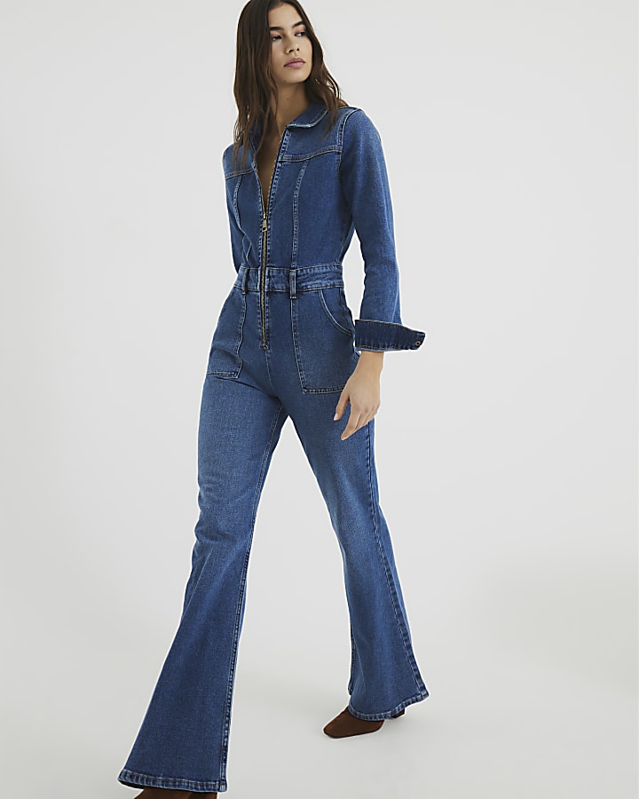 Blue Denim Relaxed Flare Leg Jumpsuit