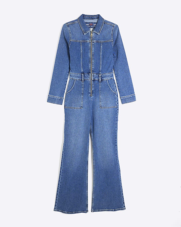 Blue Denim Relaxed Flare Leg Jumpsuit