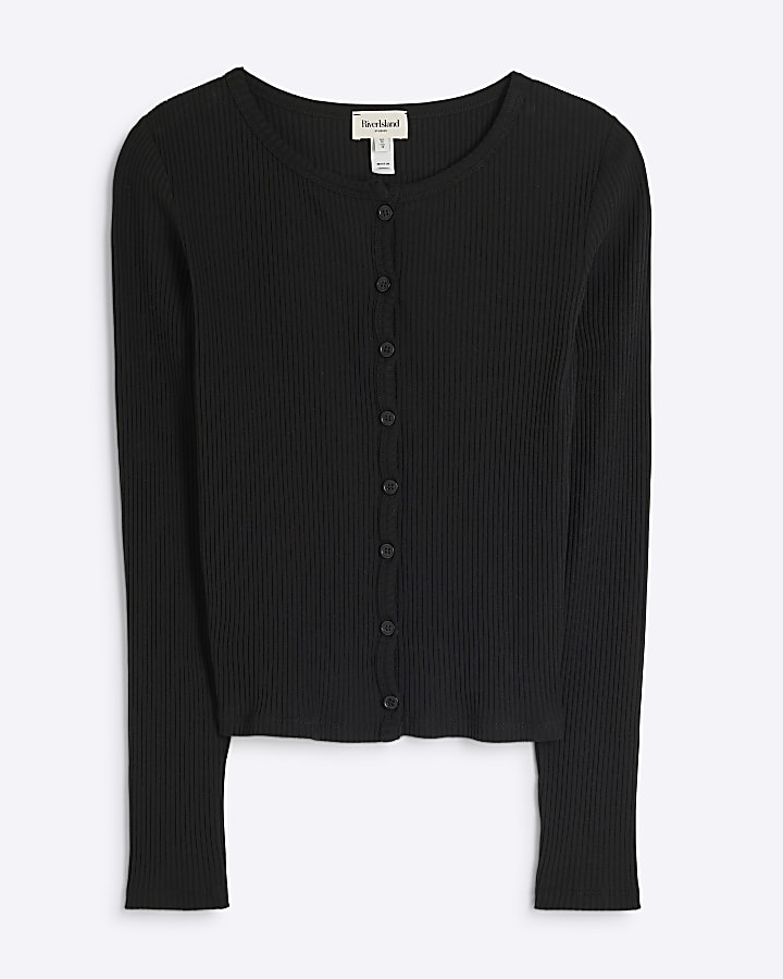 Black Long Sleeve Ribbed Button Cardigan