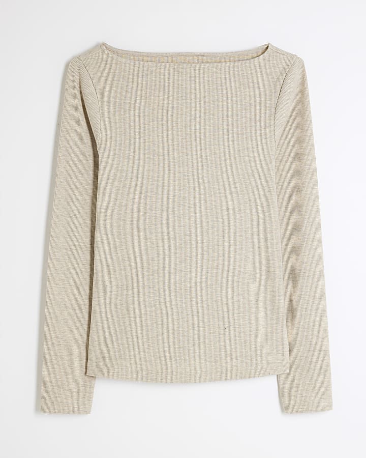 Beige Long Sleeve Fitted Boat Neck Top