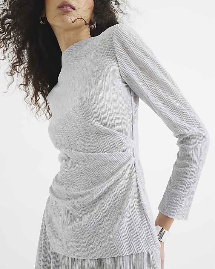 Grey Long Sleeve Drape Asymmetric Top